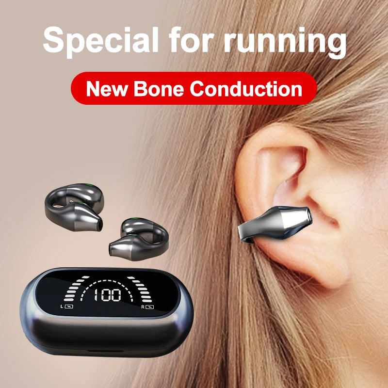 Open-Ear Bone Conduction Bluetooth Headphones – Wireless Clip-On Earphones w/ Mic for Sports & Calls