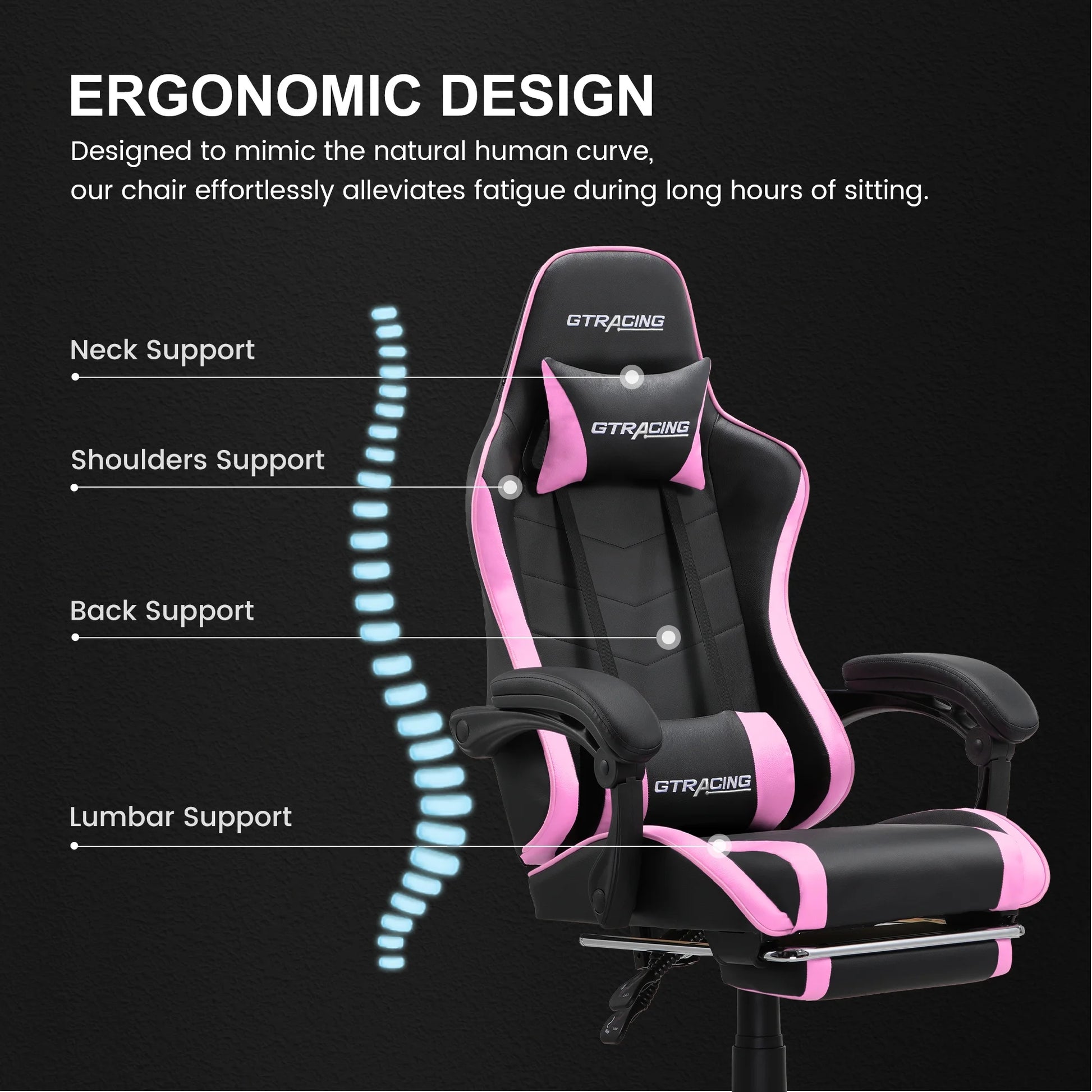 GTRACING GTWD-200 Ergonomic Gaming Chair – Adjustable Pillows, Footrest & Recline, Pink