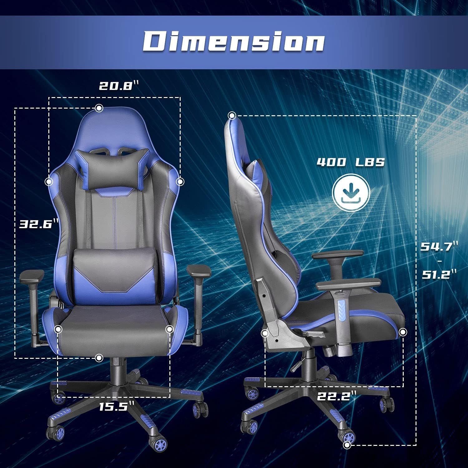 Ergonomic High-Back Gaming Chair for Adults & Teens – Adjustable Recliner with 2D Armrests, Lumbar Support, PU Leather & 400 lbs Capacity