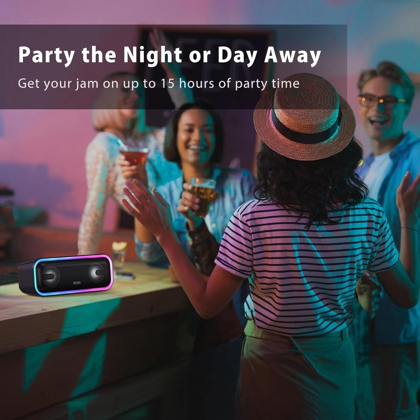 Soundbox Pro+ Bluetooth Speaker – 24W Sound, Extra Bass, IPX6 Waterproof, 15H Playtime, Multi-Color Lights – Perfect for Parties & Outdoors