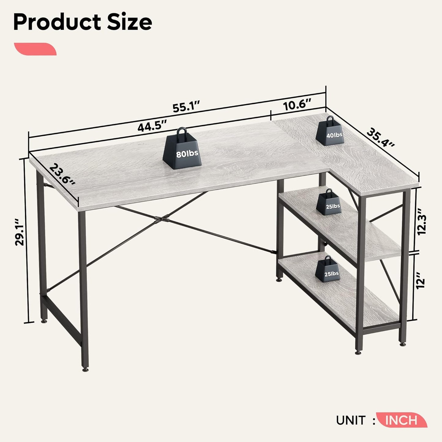 55-Inch L-Shaped Corner Desk with Storage Shelves – Modern Computer Desk & Writing Table for Home Office, Washed Gray Finish