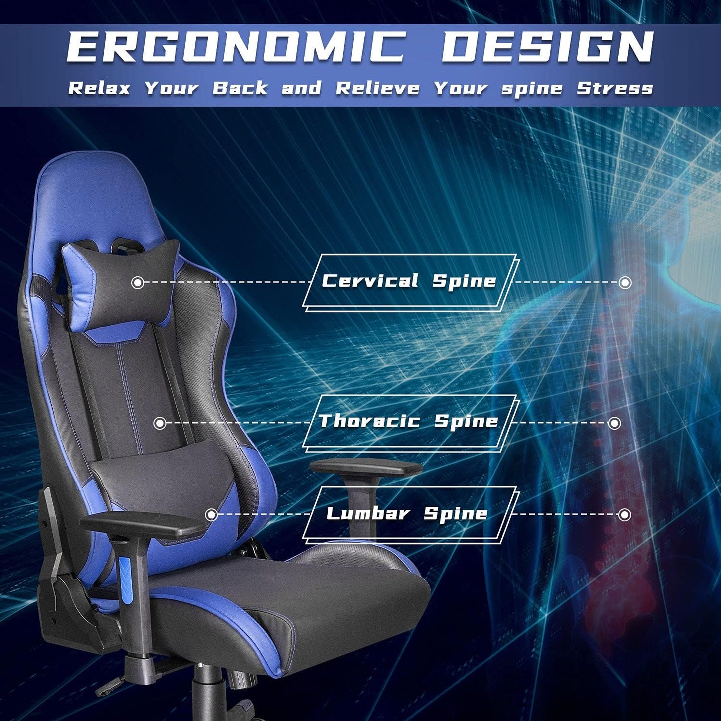 Ergonomic High-Back Gaming Chair for Adults & Teens – Adjustable Recliner with 2D Armrests, Lumbar Support, PU Leather & 400 lbs Capacity