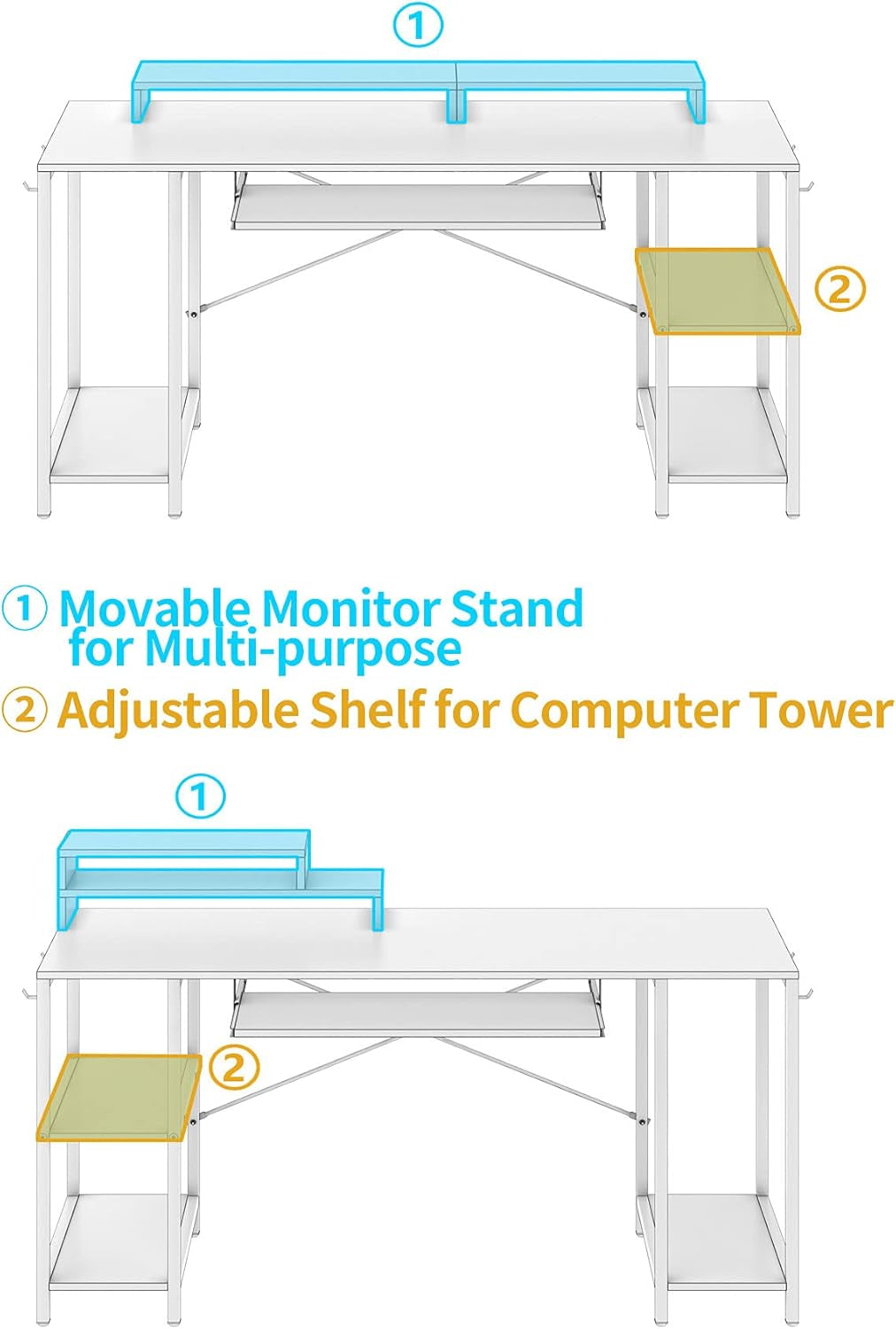 55-Inch Music Studio Desk with Keyboard Tray – Music Production Workstation with Storage Shelves, Monitor Stands, and 4 Iron Hooks, Multipurpose Desk for Gaming, Home Office, and Work