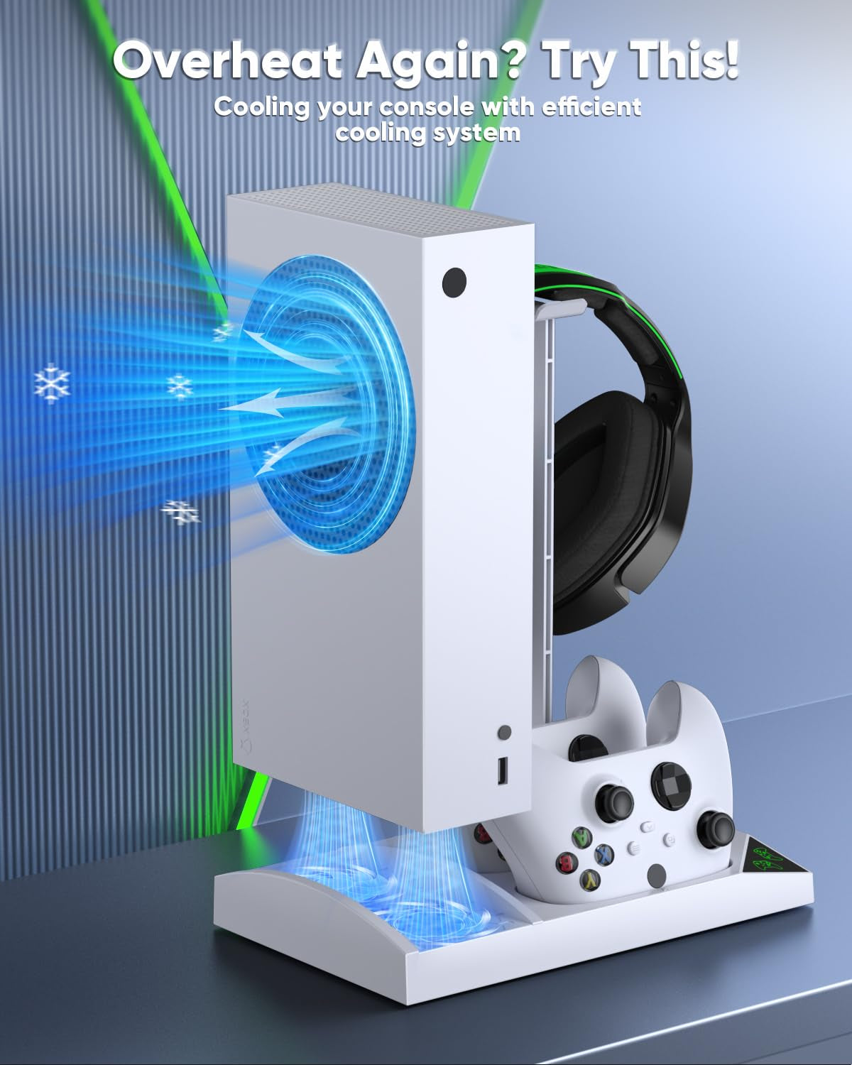 Vertical Cooling & Charging Station for Xbox Series S - Dual Fan System with 2x 1400mAh Rechargeable Batteries, Controller Charger Dock, Headphone Holder, and Console Stand