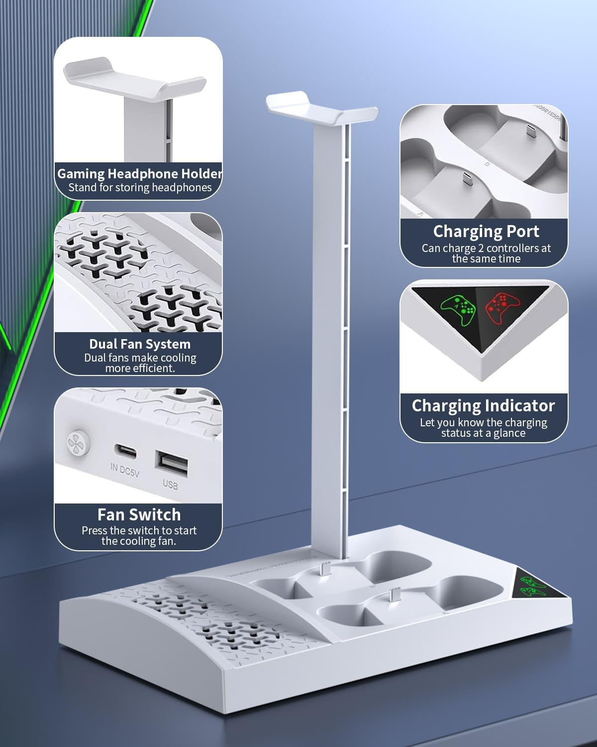 Vertical Cooling & Charging Station for Xbox Series S - Dual Fan System with 2x 1400mAh Rechargeable Batteries, Controller Charger Dock, Headphone Holder, and Console Stand