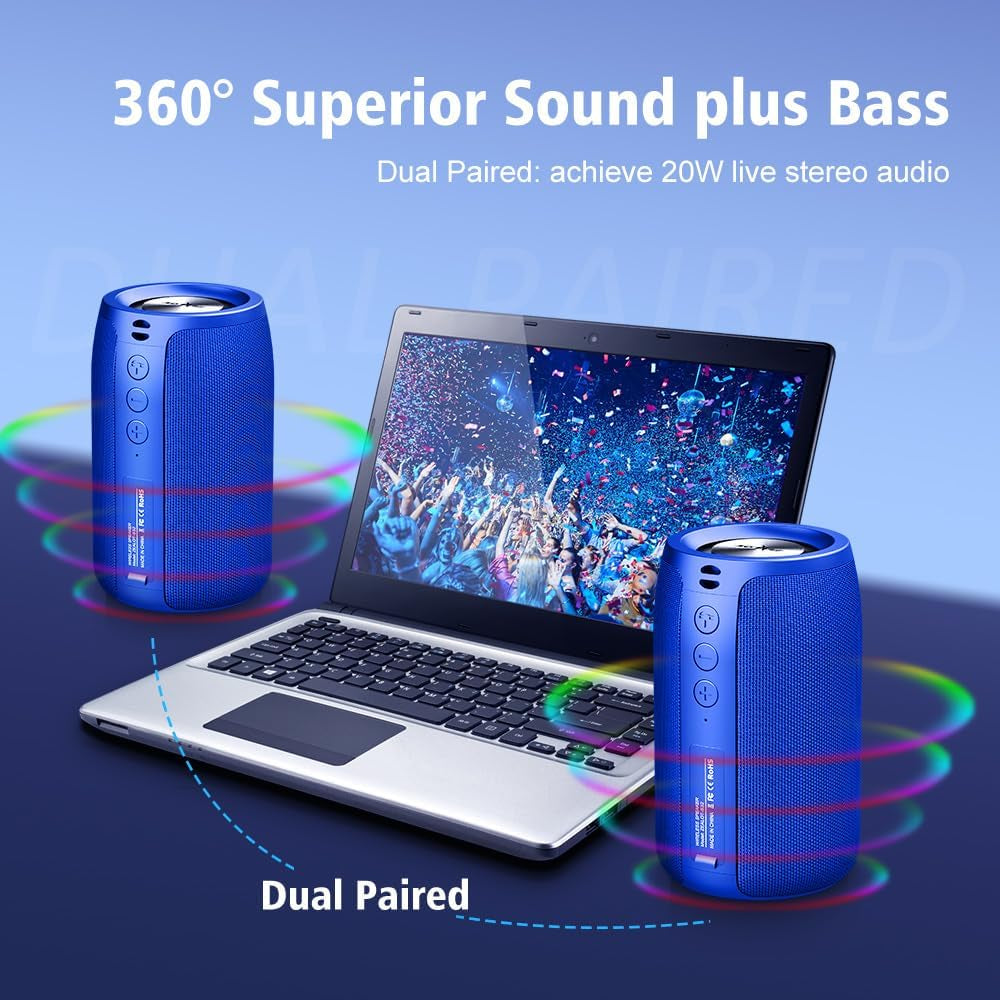 S32 Bluetooth Speaker – Portable, IPX5 Waterproof, Bluetooth 5.0, Dual Pairing, USB/TF Card/AUX – Ideal for Outdoor Adventures & Travel (Blue)