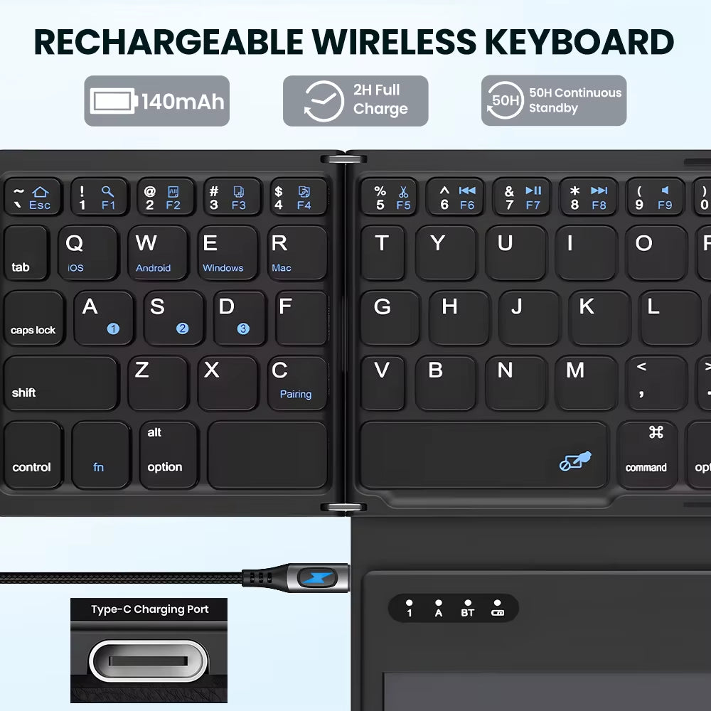 Portable Quadruple-Fold Bluetooth Keyboard – Wireless w/ Foldable Touchpad for Windows, Android & iOS