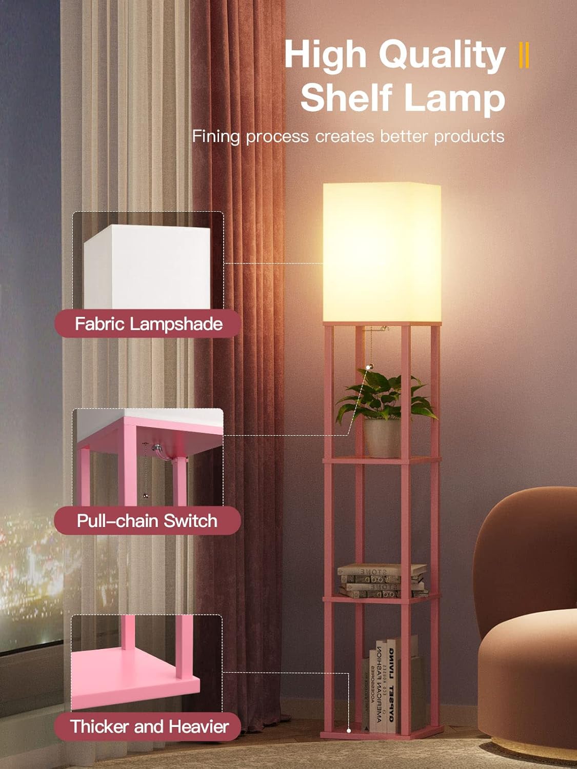 LED Modern Shelf Floor Lamp with White Shade & LED Bulb – Stylish Display Shelves for Living Room, Bedroom & Office – Elegant Pink Floor Lamp