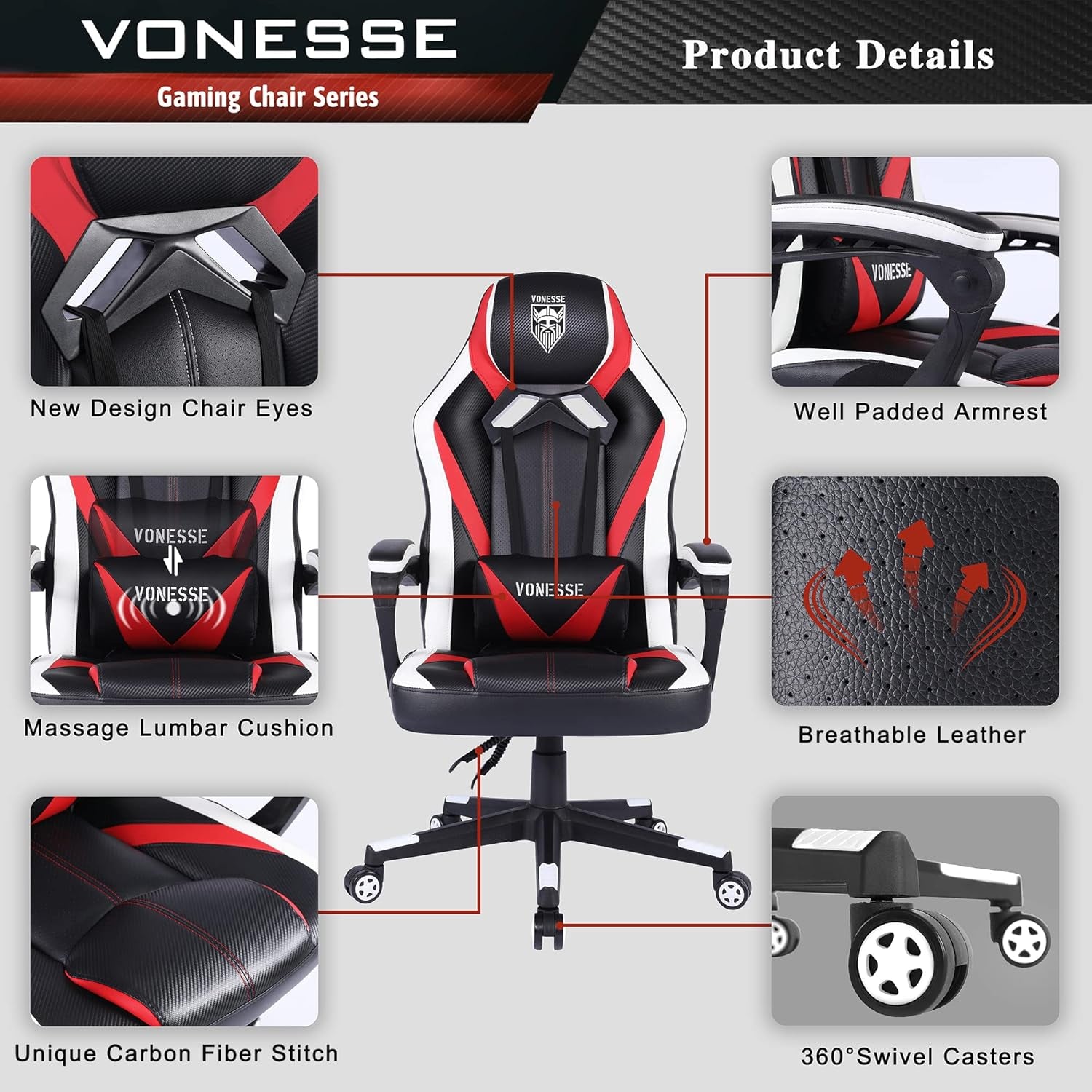 Ergonomic Gaming Chair for Girls – High Back, Big & Tall PC Racer Chair with Reclining Function & Massage Lumbar Cushion – Red, Ultimate Comfort for Adults