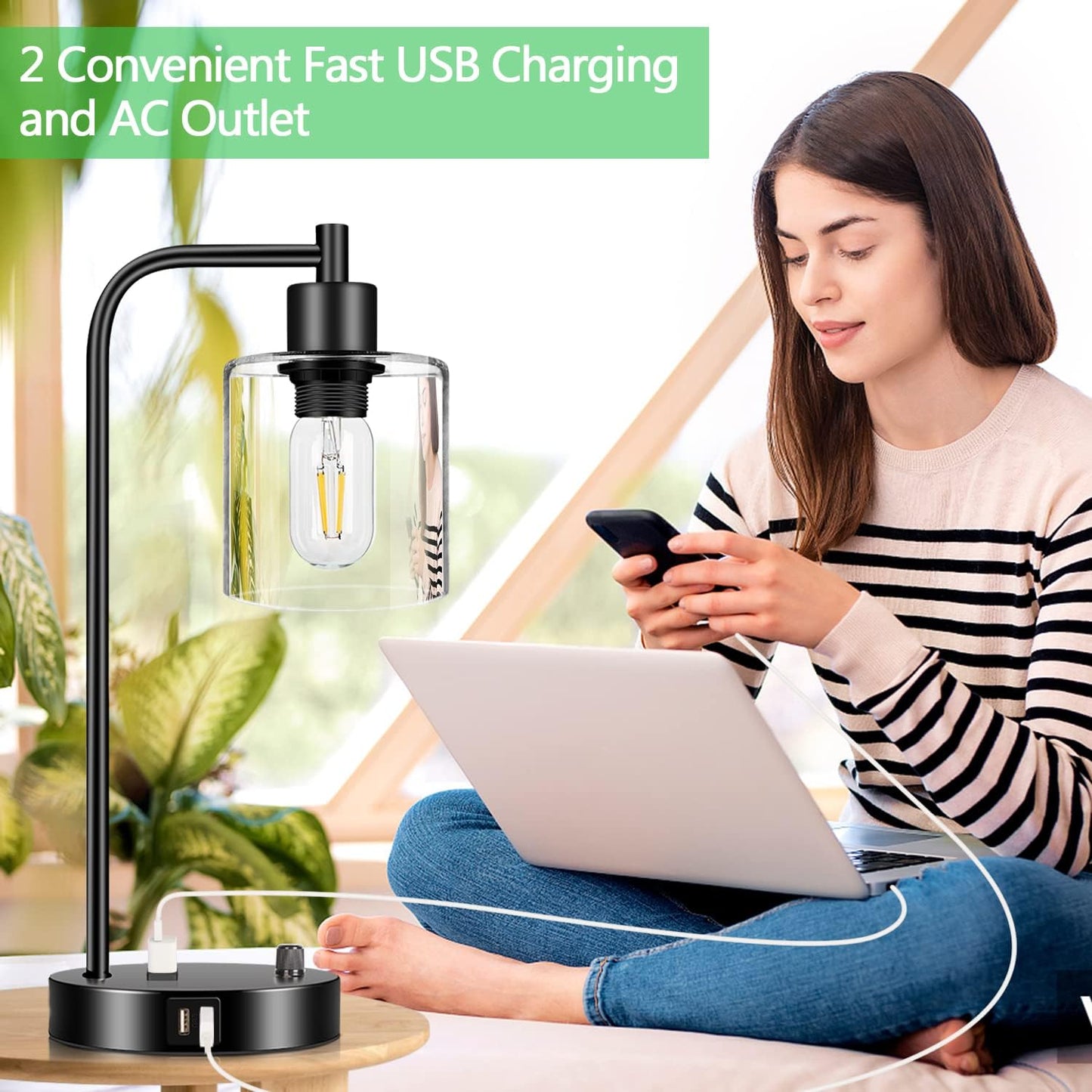 Set of 2 Industrial Table Lamps with 2 USB Ports & AC Outlet – Fully Dimmable Modern Nightstand Lamps with Glass Shade, LED Bulbs Included – Perfect for Bedroom, Living Room & Office