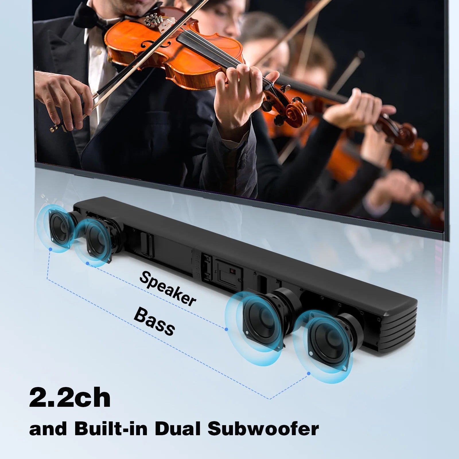 120W 2.2 Channel Soundbar with Subwoofer – Bluetooth 5.0, 3D Surround Sound, Wired & Wireless Connectivity, HDMI/Optical/AUX/USB, Remote Control Included