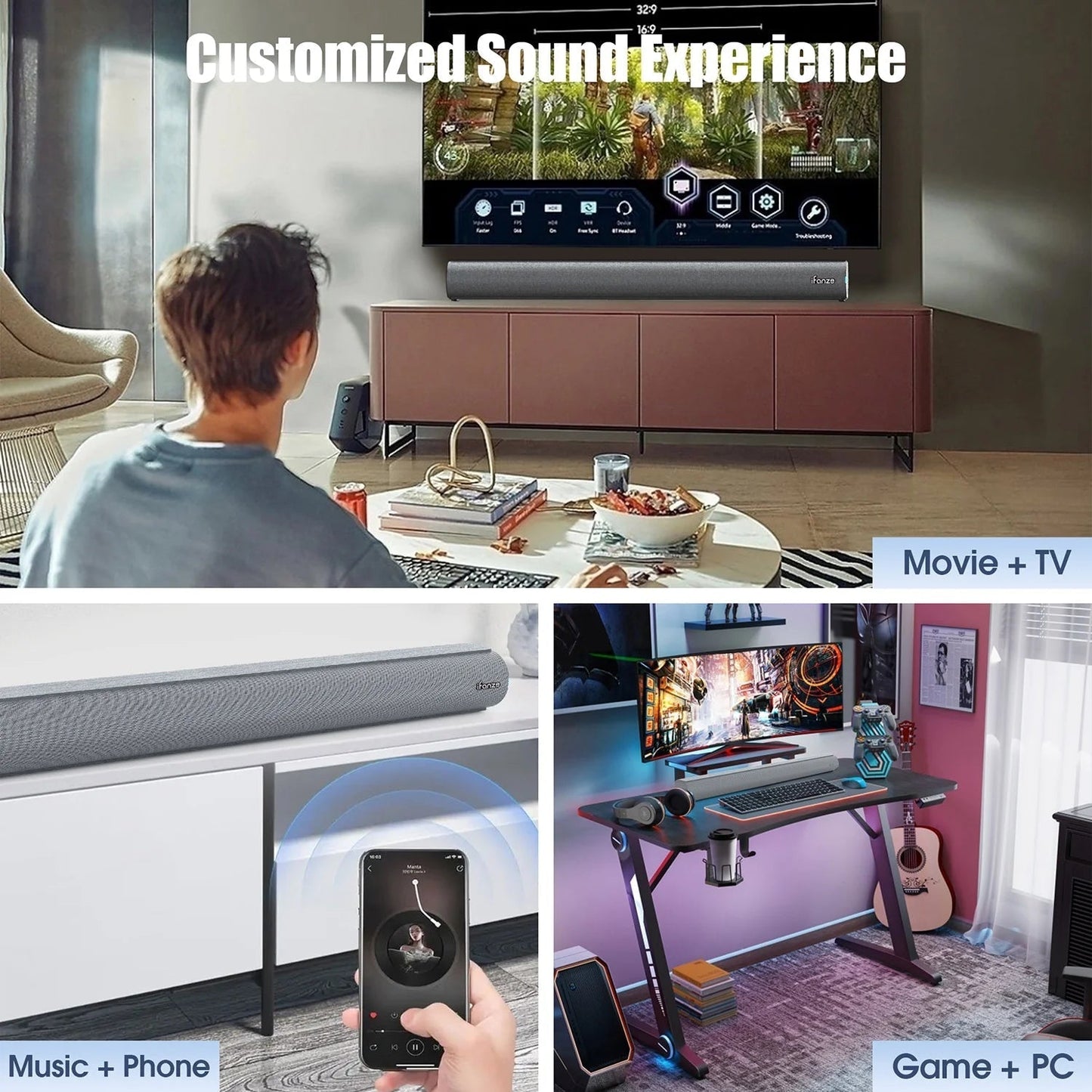 100W Bluetooth 5.3 Soundbar with Built-In Subwoofers – HDMI, Optical, AUX, USB, Coaxial Connectivity, Remote Control, Sleek Brushed Gray Finish – Perfect for Smart TVs