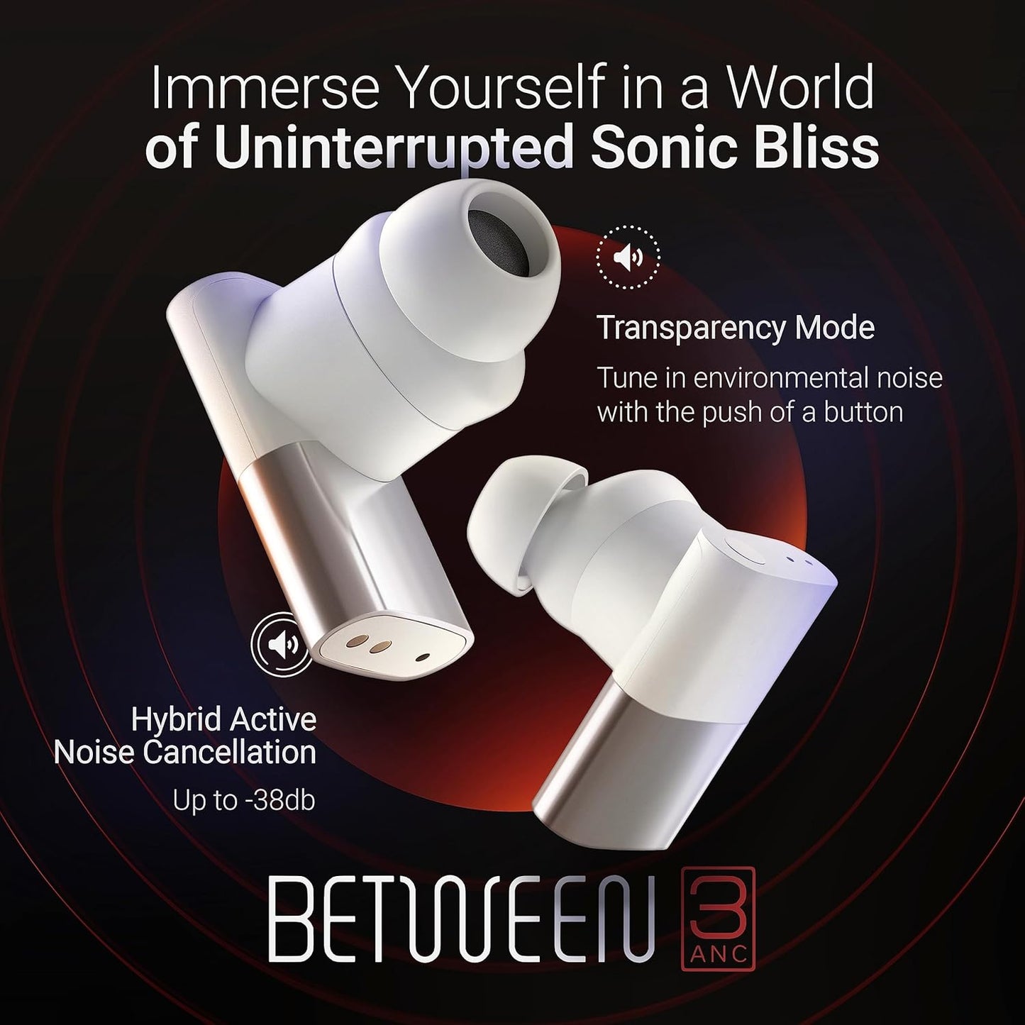 Audio Between 3ANC Bone Wireless Earbuds – Triple Driver Sound, Hybrid ANC, 6X Mics, Transparency Mode, 8H Playtime, Bluetooth 5.2, IPX5 Waterproof