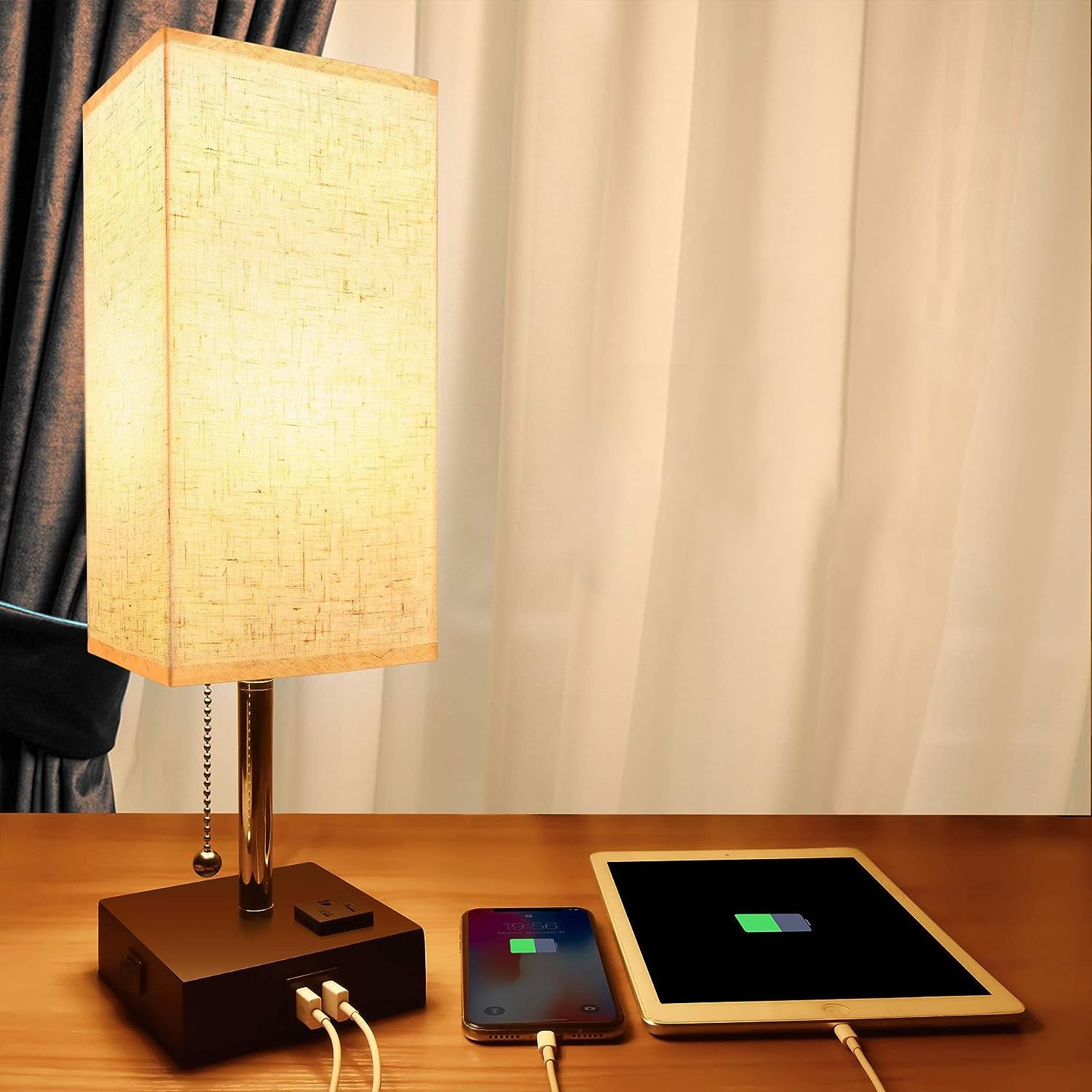 USB Bedside Table Lamp – Minimalist Desk Lamp with Charging Port & Pull Chain, Modern Nightstand Lamp with Fabric Shade for Bedroom Ambient Lighting