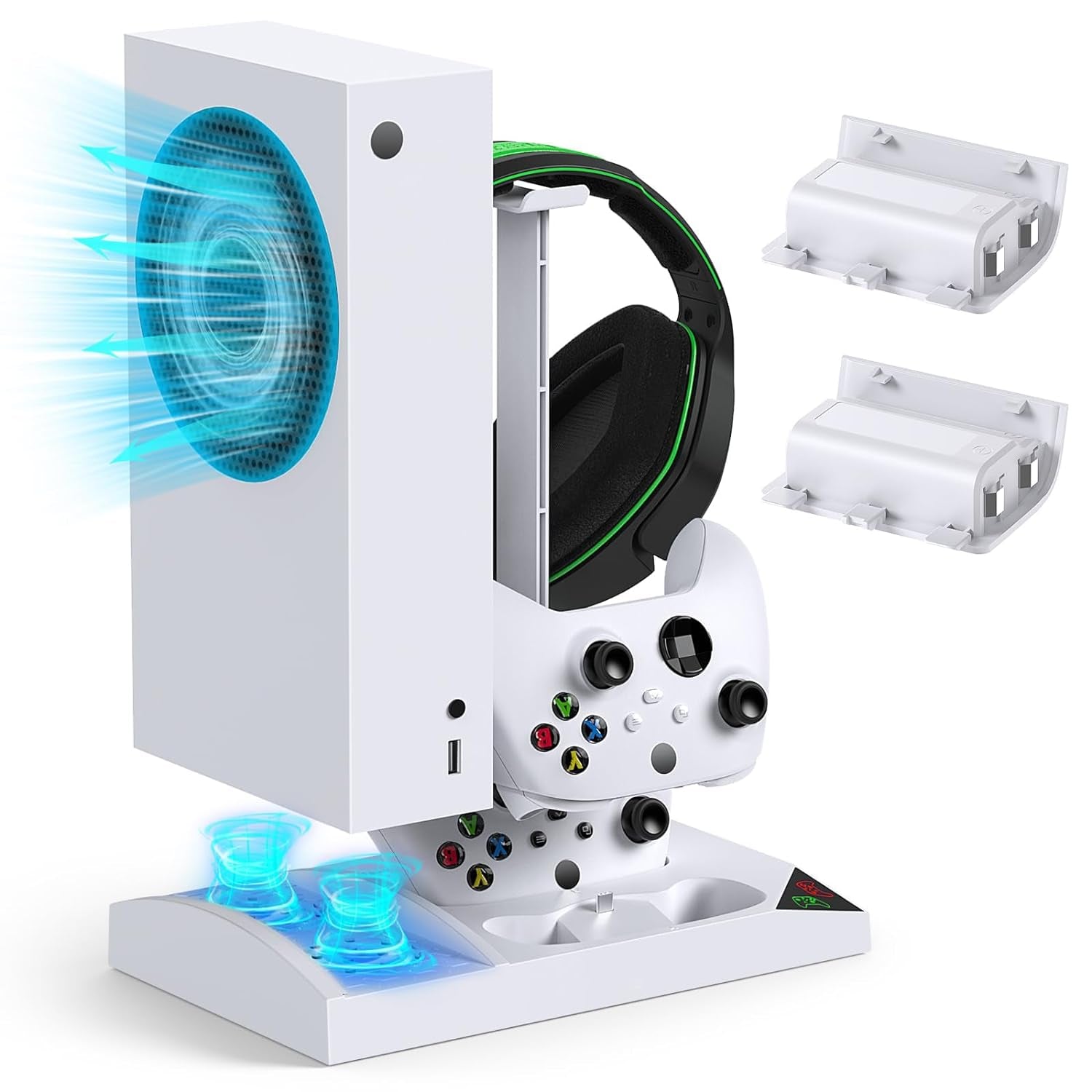 Vertical Cooling & Charging Station for Xbox Series S - Dual Fan System with 2x 1400mAh Rechargeable Batteries, Controller Charger Dock, Headphone Holder, and Console Stand