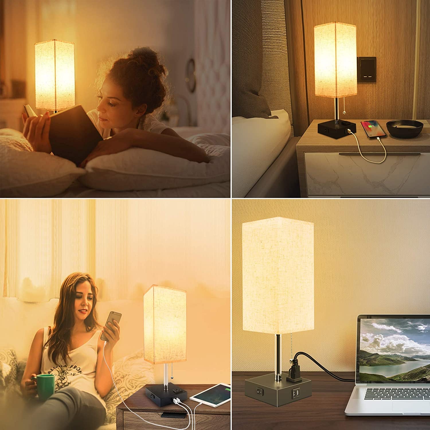 USB Bedside Table Lamp – Minimalist Desk Lamp with Charging Port & Pull Chain, Modern Nightstand Lamp with Fabric Shade for Bedroom Ambient Lighting