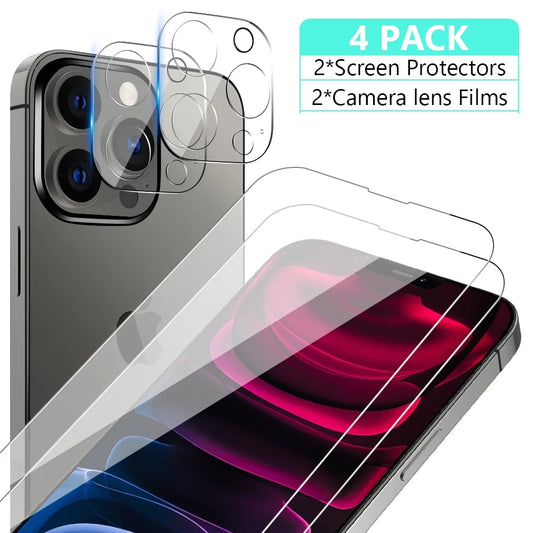 4-Piece iPhone 13 Pro Protection Bundle – 2 Pack Tempered Glass Screen Protector & 2 Pack Camera Lens Protectors with Cleaning Wipes