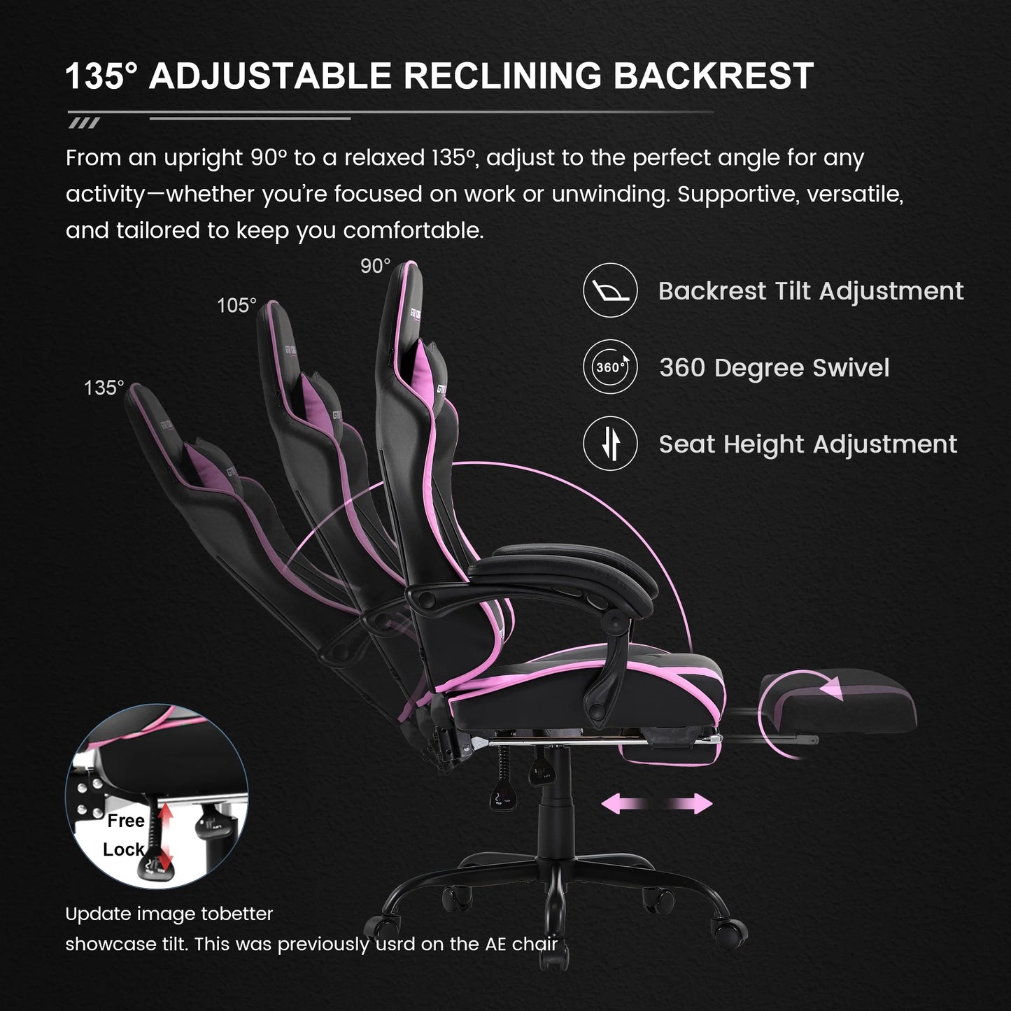 GTRACING GTWD-200 Ergonomic Gaming Chair – Adjustable Pillows, Footrest & Recline, Pink