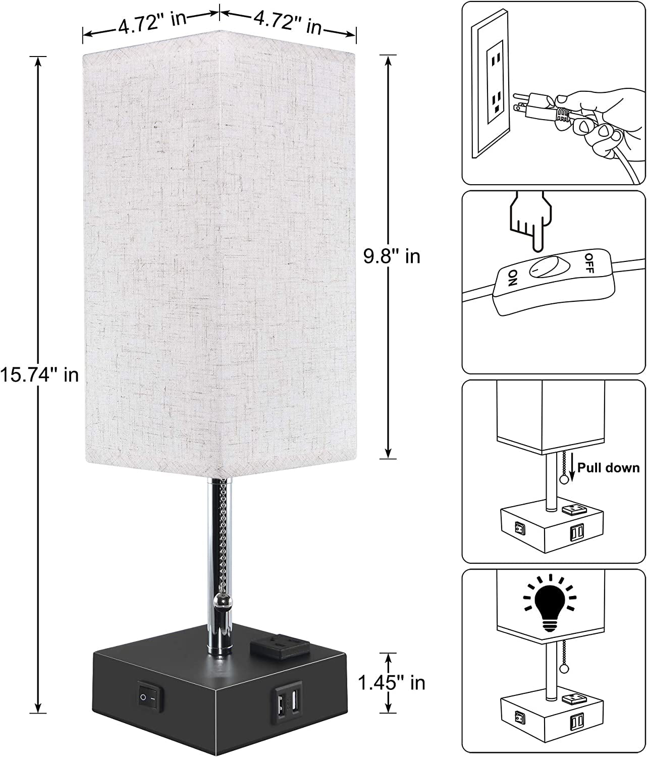 USB Bedside Table Lamp – Minimalist Desk Lamp with Charging Port & Pull Chain, Modern Nightstand Lamp with Fabric Shade for Bedroom Ambient Lighting