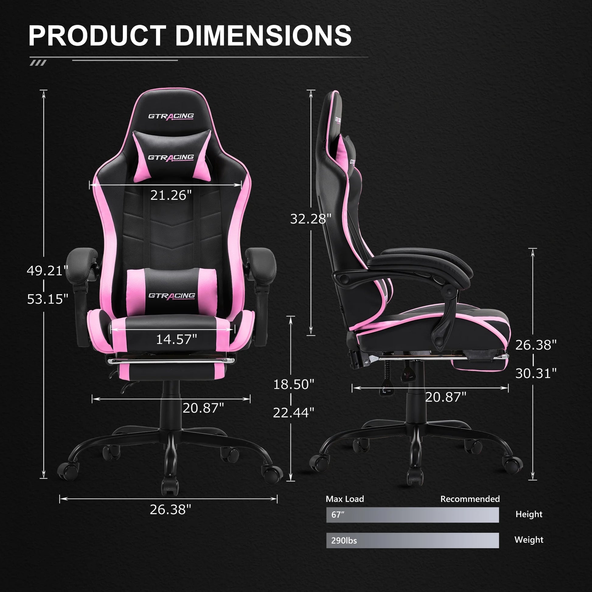 GTRACING GTWD-200 Ergonomic Gaming Chair – Adjustable Pillows, Footrest & Recline, Pink