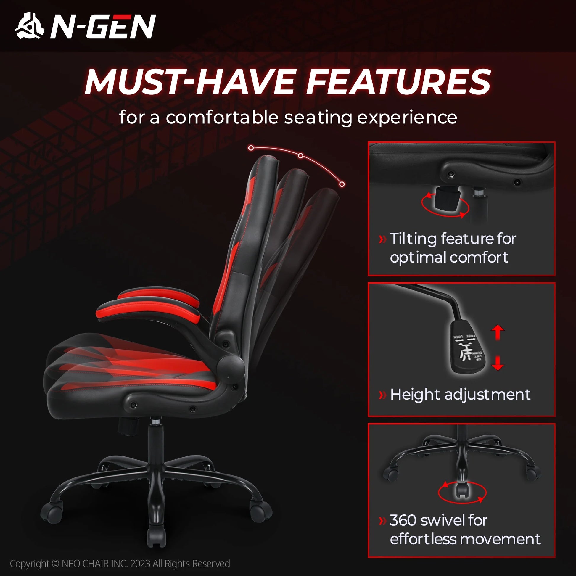 NEO CHAIR N-gen Ergonomic Gaming & Office Chair – Adjustable Flip-Up Armrests, 360° Swivel, Faux Leather Comfort, and Sturdy Steel Frame (Supports 250 lbs)