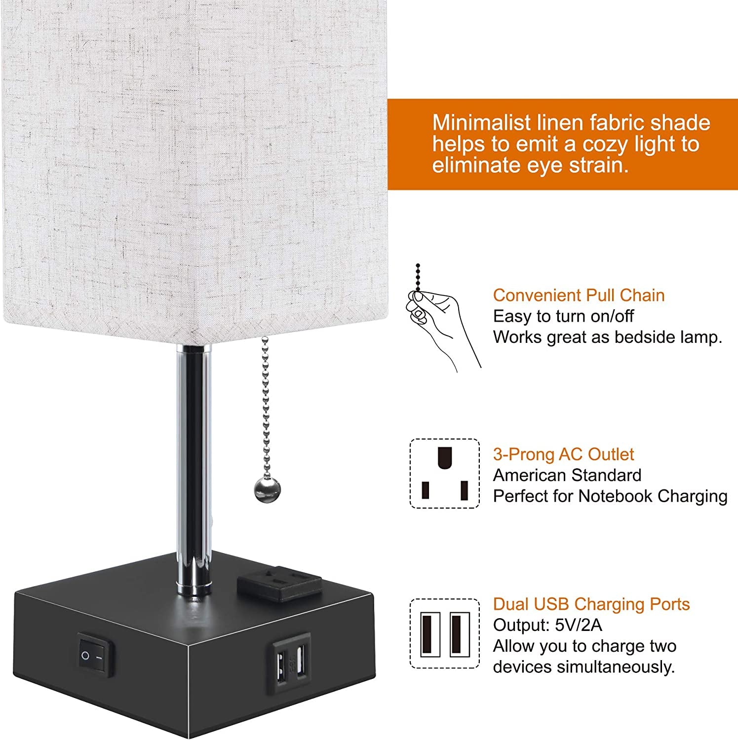 USB Bedside Table Lamp – Minimalist Desk Lamp with Charging Port & Pull Chain, Modern Nightstand Lamp with Fabric Shade for Bedroom Ambient Lighting