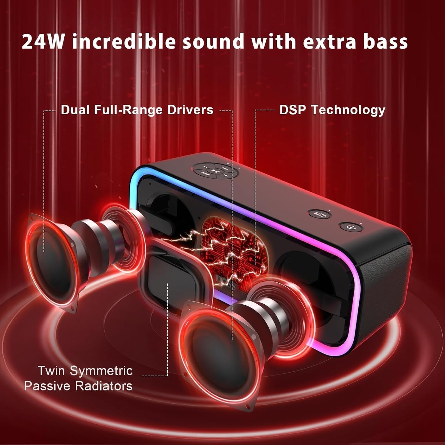 Soundbox Pro+ Bluetooth Speaker – 24W Sound, Extra Bass, IPX6 Waterproof, 15H Playtime, Multi-Color Lights – Perfect for Parties & Outdoors