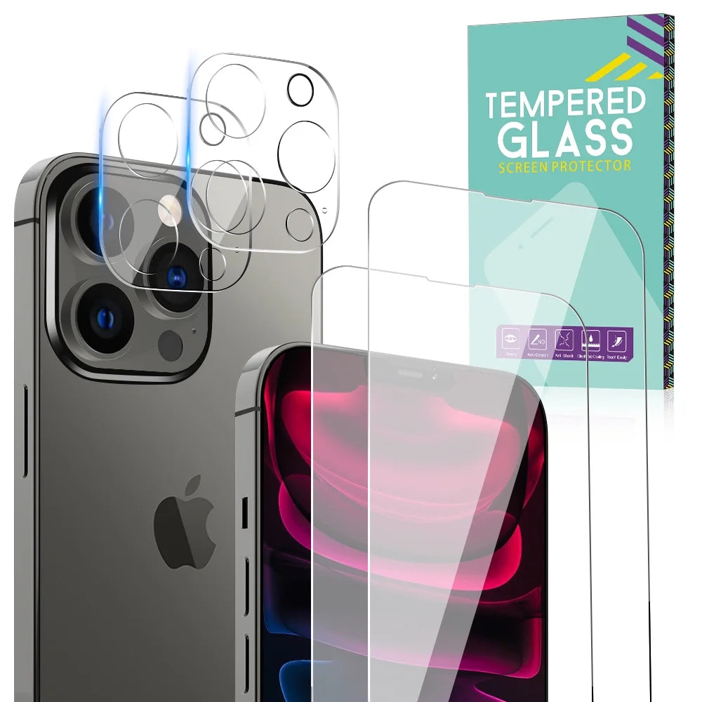 4-Piece iPhone 13 Pro Protection Bundle – 2 Pack Tempered Glass Screen Protector & 2 Pack Camera Lens Protectors with Cleaning Wipes