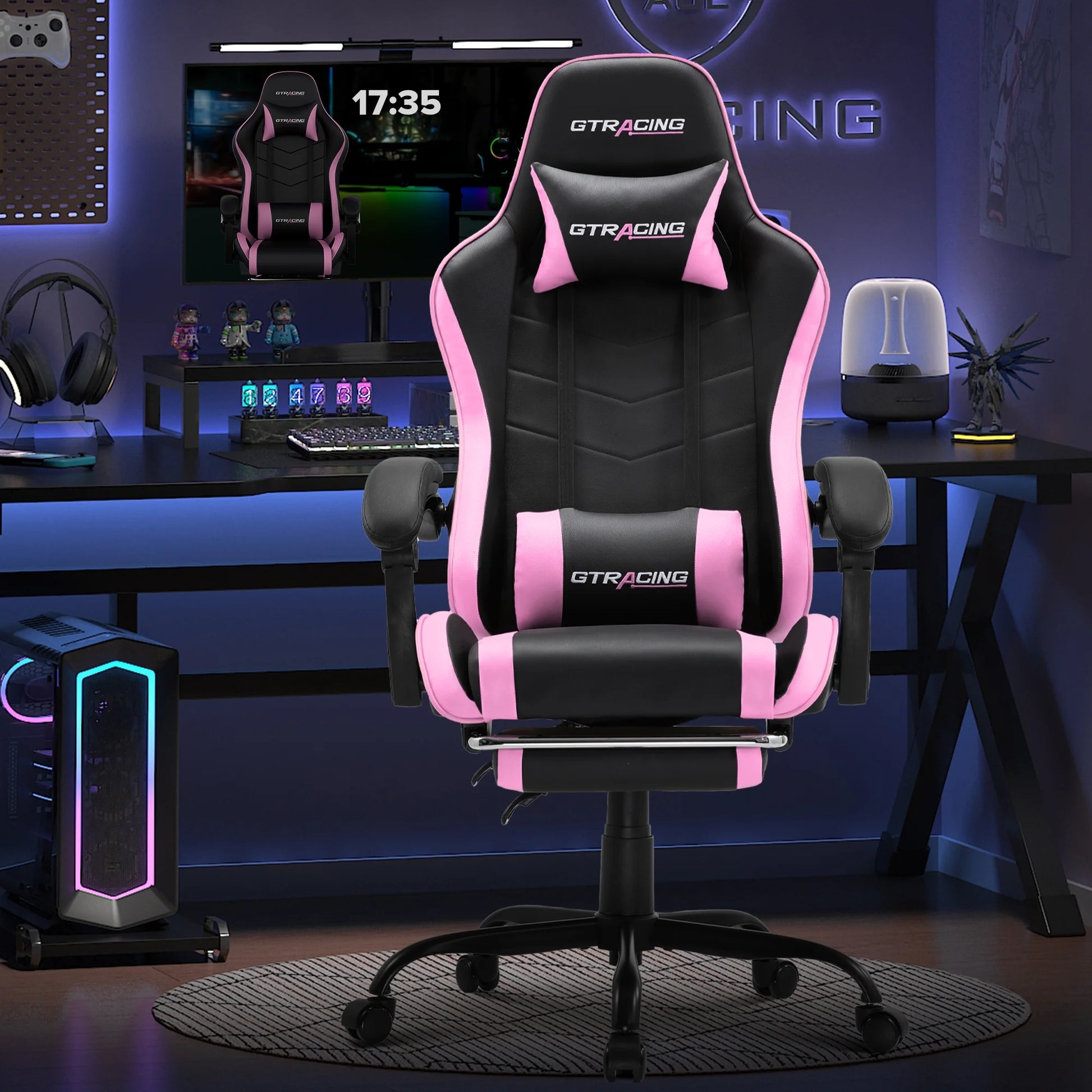 GTRACING GTWD-200 Ergonomic Gaming Chair – Adjustable Pillows, Footrest & Recline, Pink