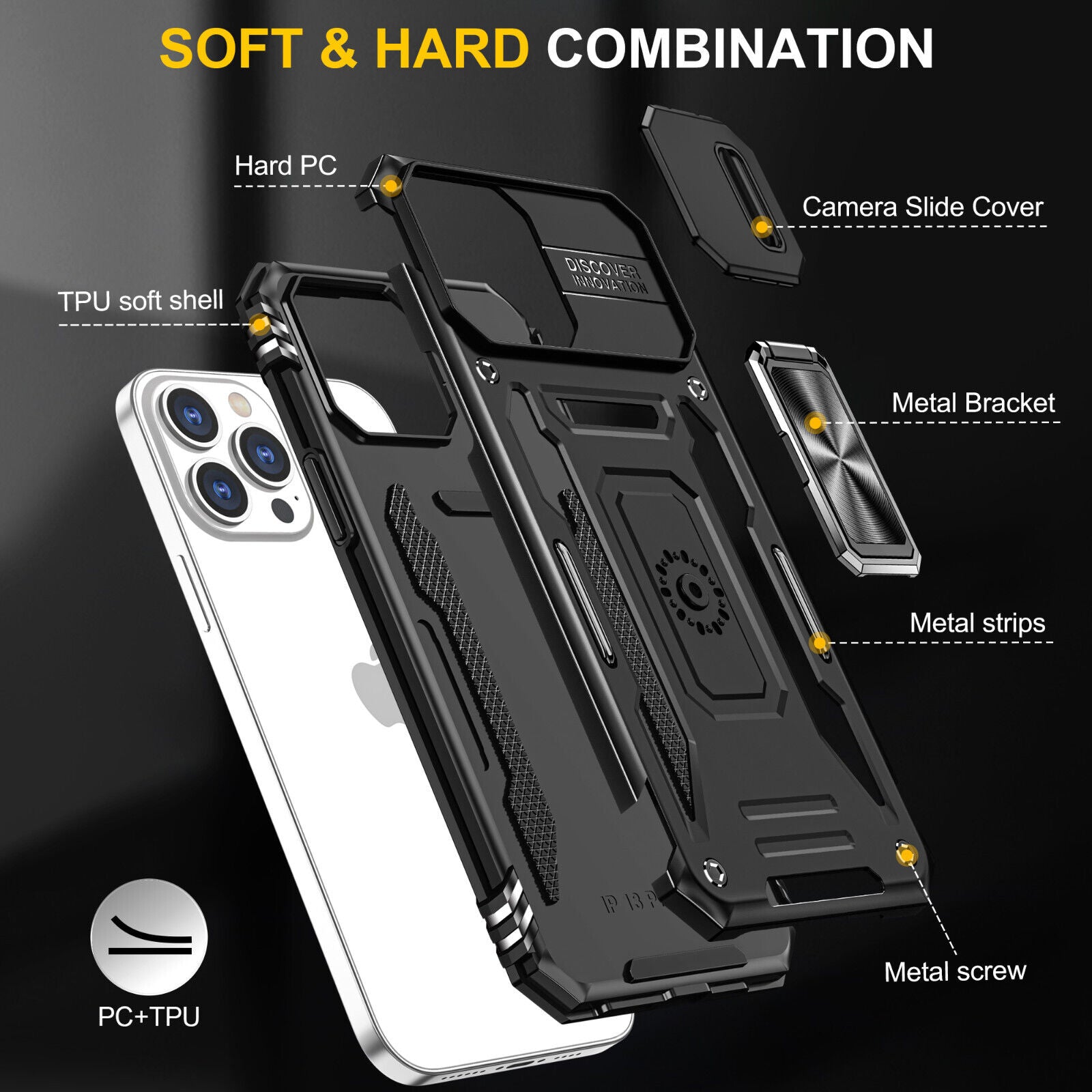 iPhone 13/14 Series Case with Slide Camera Cover, Kickstand & Magnetic Mount Compatibility – Shockproof, Scratch-Resistant, 360° Stand (No Screen Protector)