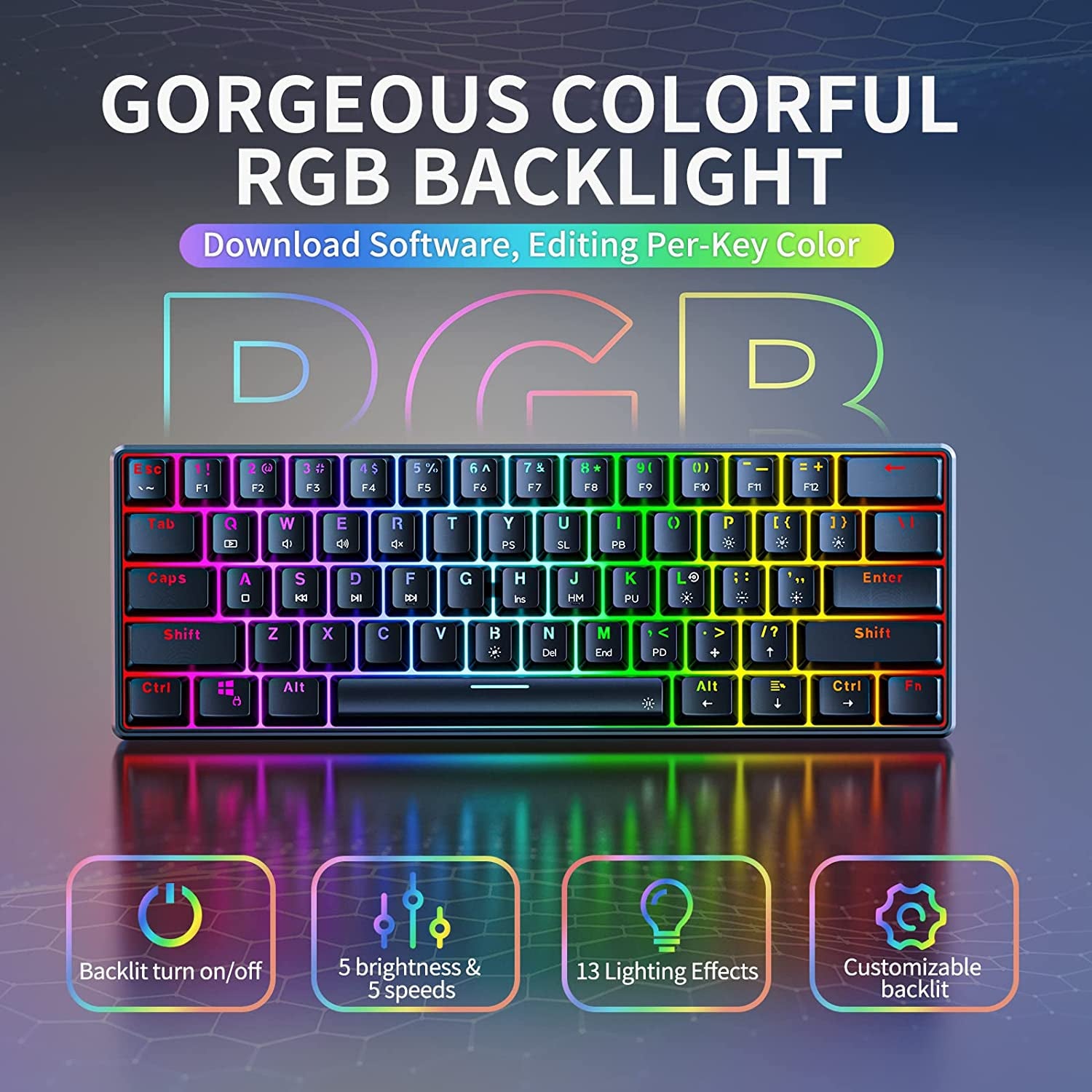 Ultra-Compact TH61 60% RGB Mechanical Gaming Keyboard - Fully Programmable Black Wired Keyboard