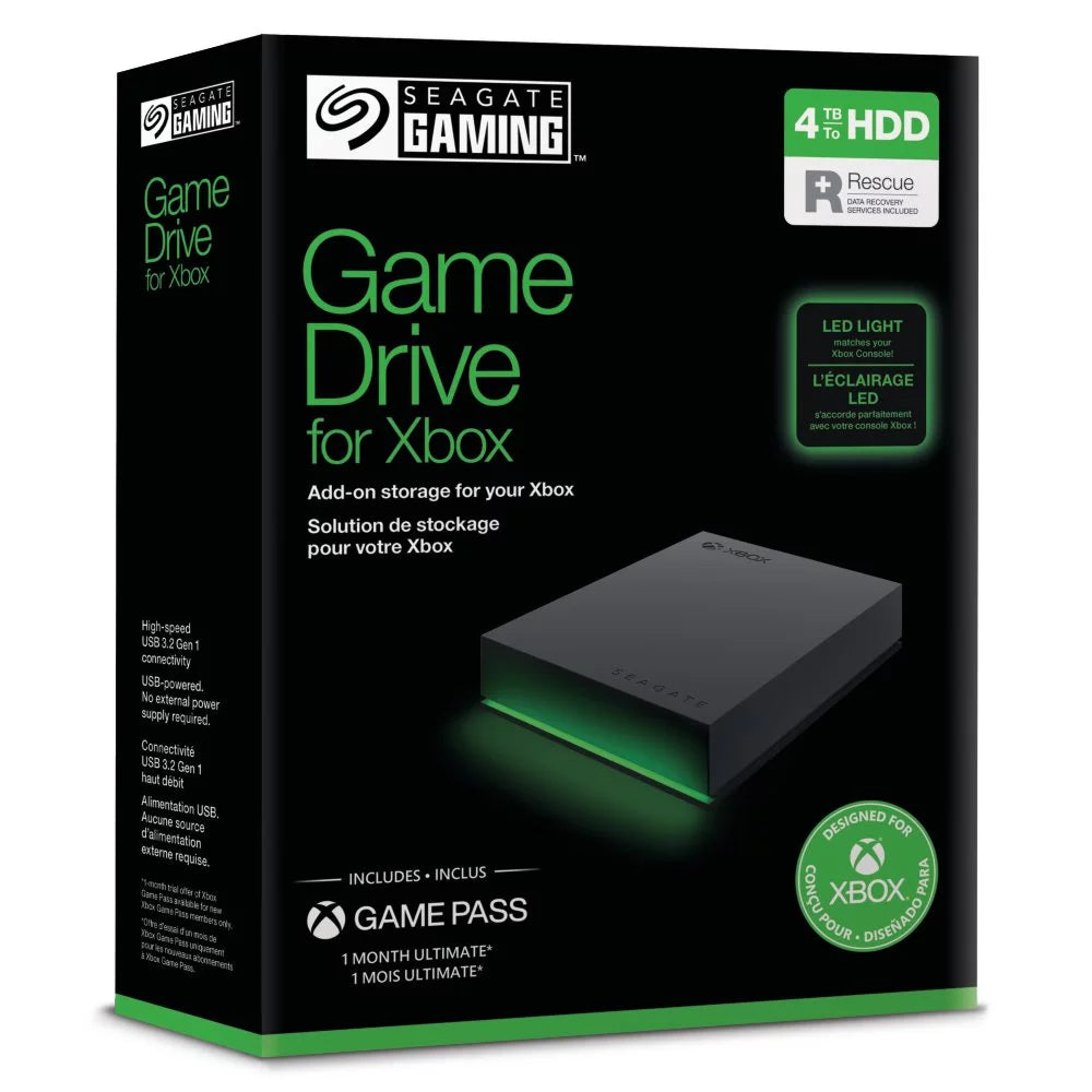 Seagate 4TB Game Drive for Xbox – Portable External Hard Drive with LED Lighting, USB 3.2, and Game Pass Ultimate