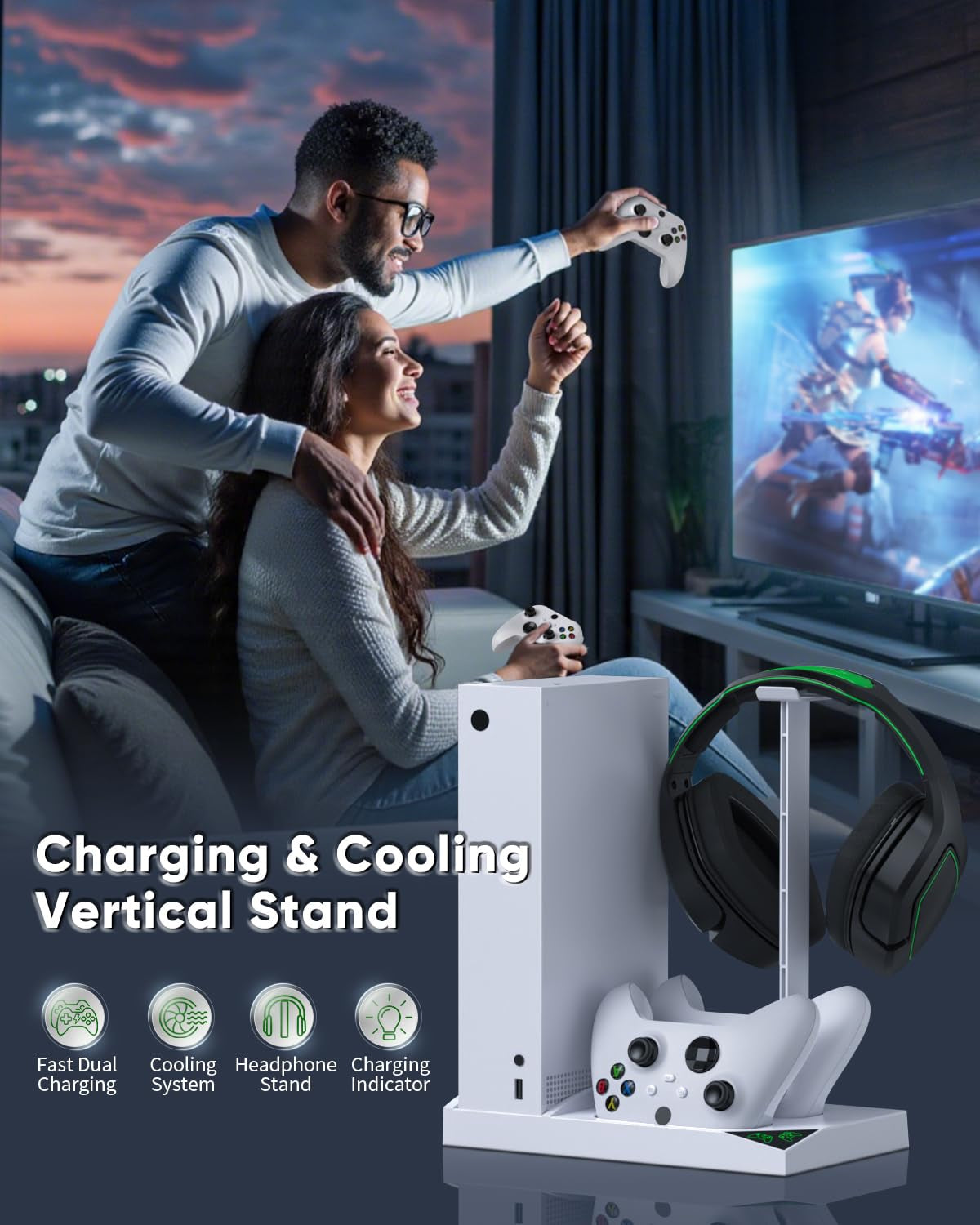 Vertical Cooling & Charging Station for Xbox Series S - Dual Fan System with 2x 1400mAh Rechargeable Batteries, Controller Charger Dock, Headphone Holder, and Console Stand