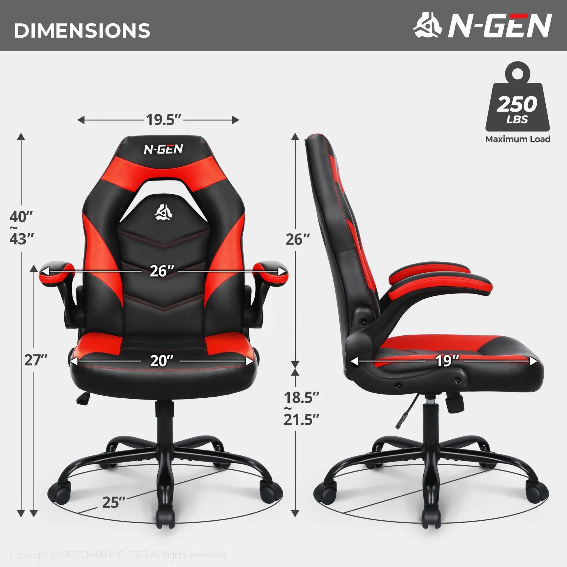 NEO CHAIR N-gen Ergonomic Gaming & Office Chair – Adjustable Flip-Up Armrests, 360° Swivel, Faux Leather Comfort, and Sturdy Steel Frame (Supports 250 lbs)